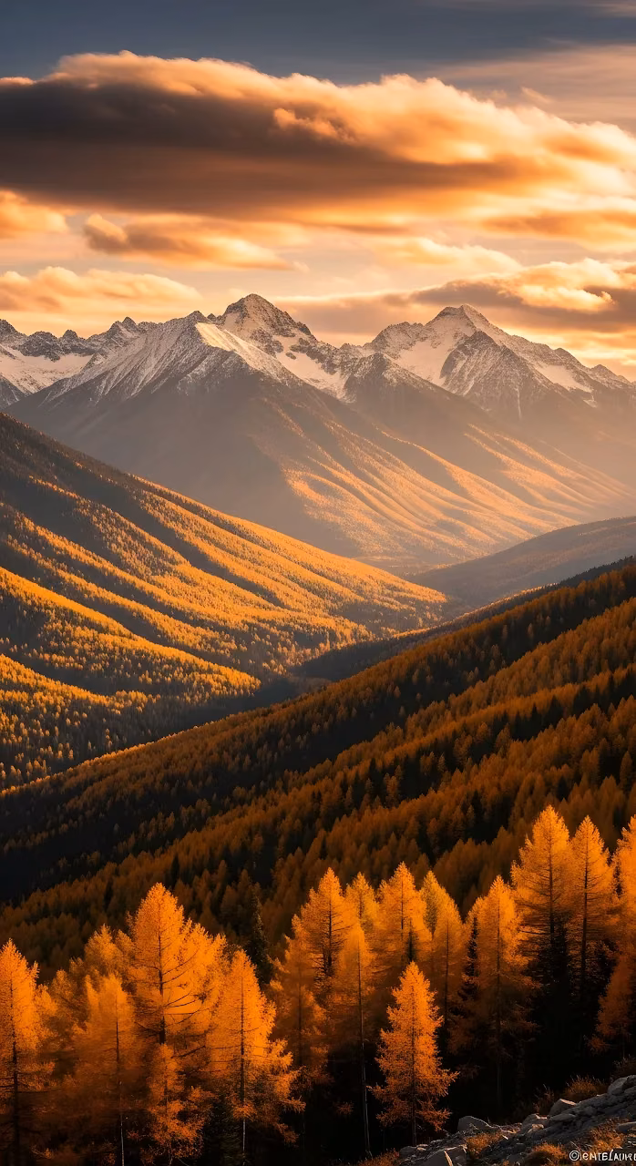 Golden Alpine Larch Forest Valley at Sunset - Free Mobile AMOLED Wallpaper Background