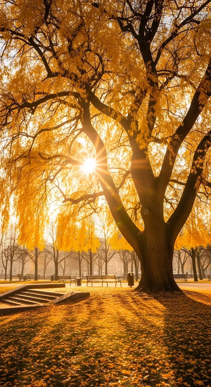 Golden Autumn Sunlight Through Majestic Park Tree - Free Mobile AMOLED Wallpaper Background