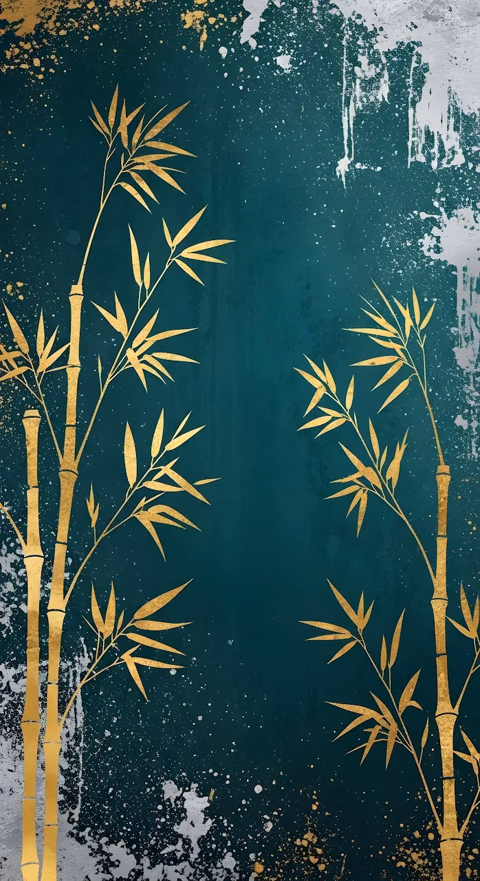 Golden Bamboo Art Teal Background Luxury Decor - Free Mobile AMOLED Wallpaper Background