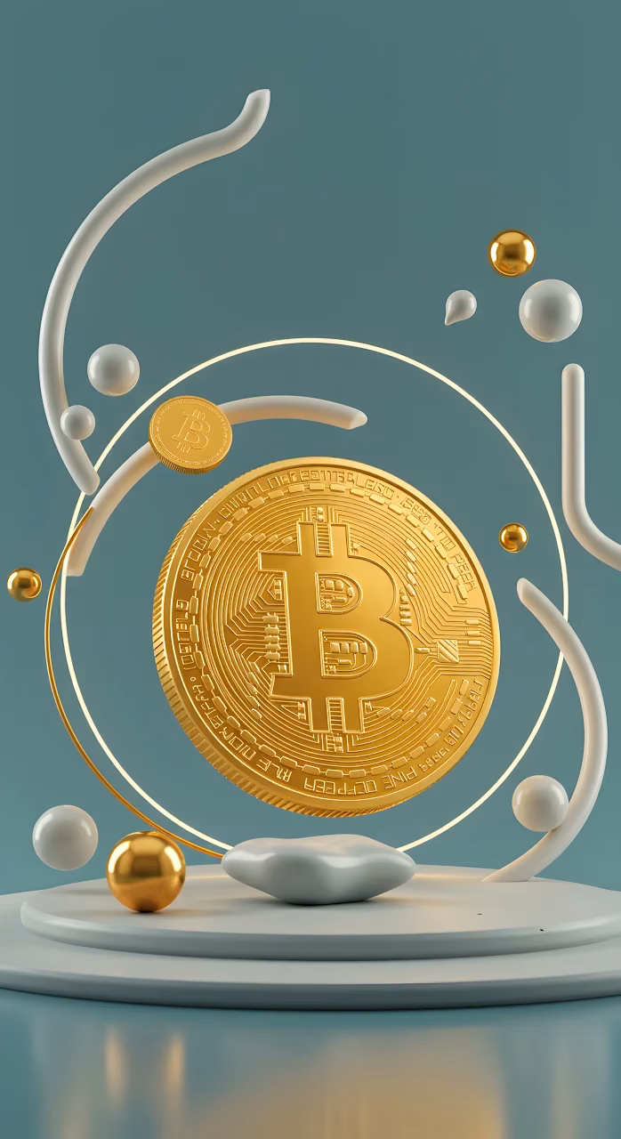 Golden Bitcoin Coin on Modern Abstract Pedestal - Free Mobile AMOLED Wallpaper Background