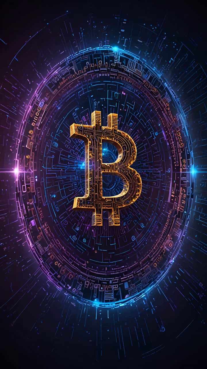 Golden Bitcoin Symbol in Glowing Digital Circuit Ring - Free Mobile AMOLED Wallpaper Background