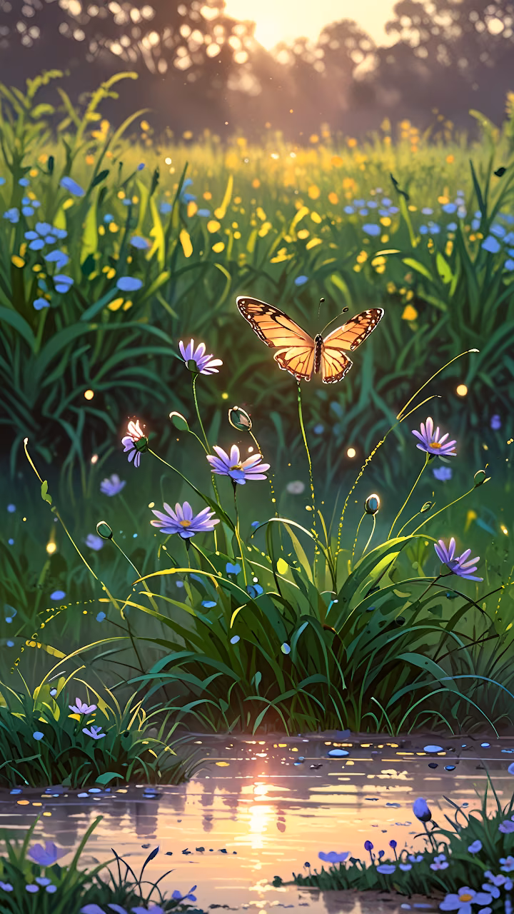 Golden Butterfly Meadow Wildflowers Sunlight Reflection - Free Mobile AMOLED Wallpaper Background
