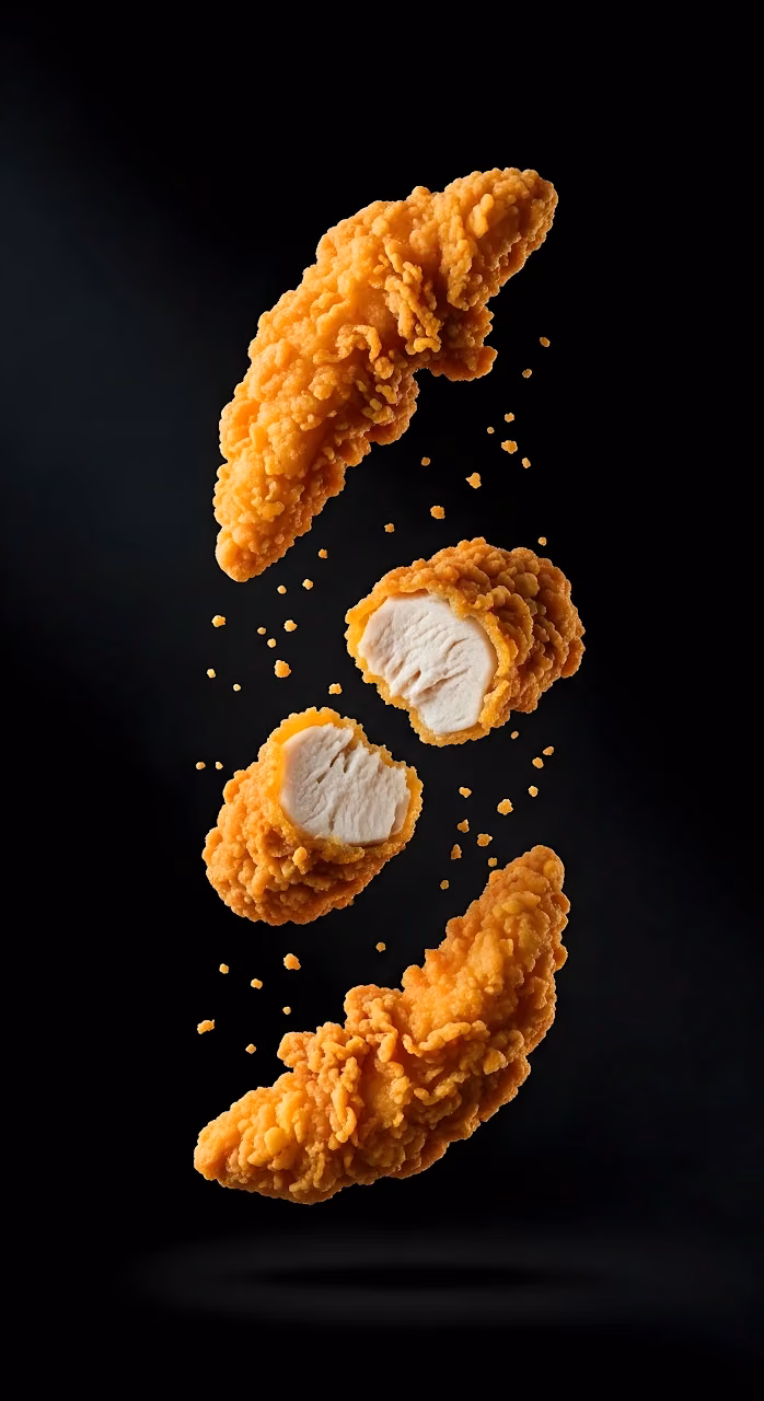 Golden Crispy Chicken Tenders Floating Food Art - Free Mobile AMOLED Wallpaper Background