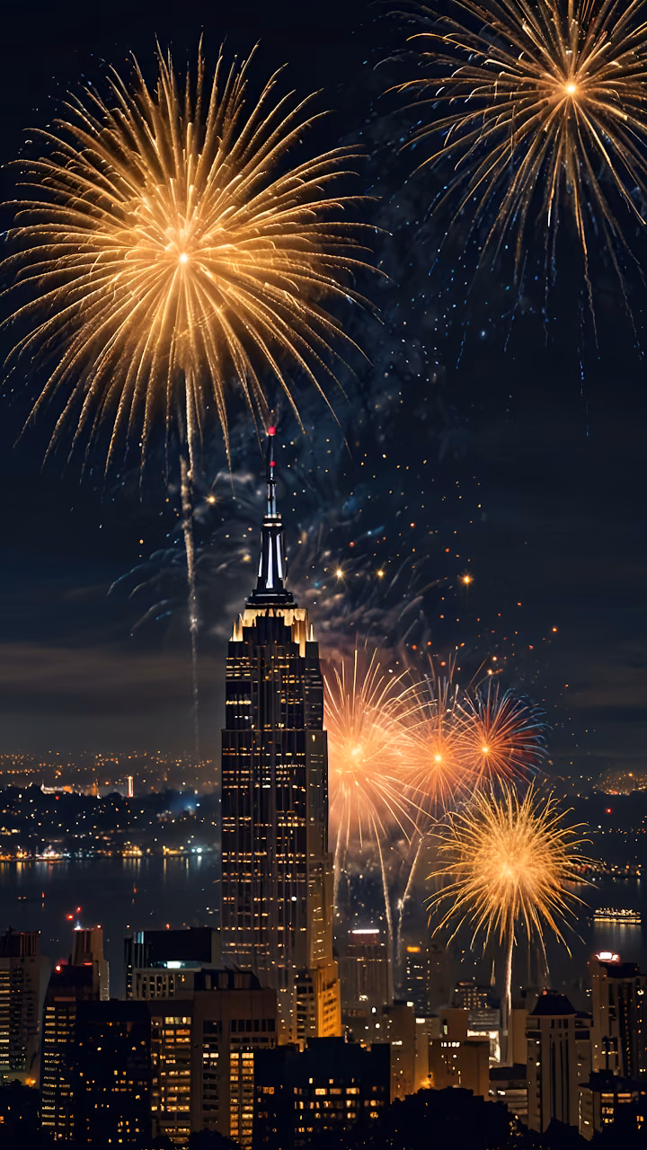 Golden Fireworks Illuminate Empire State Building at Night - Free Mobile AMOLED Wallpaper Background