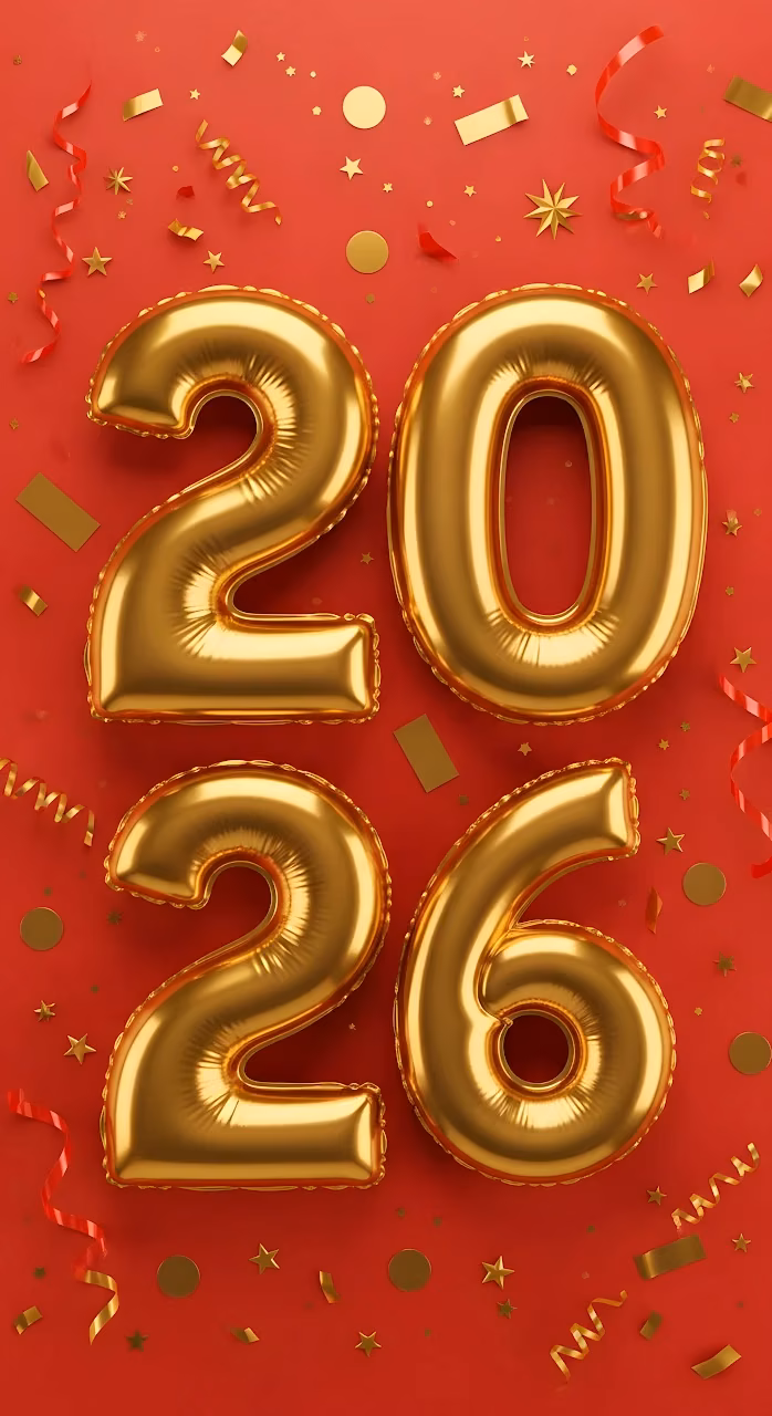 Golden Foil Balloons 2026 on Vibrant Red Confetti Background - Free Mobile AMOLED Wallpaper Background