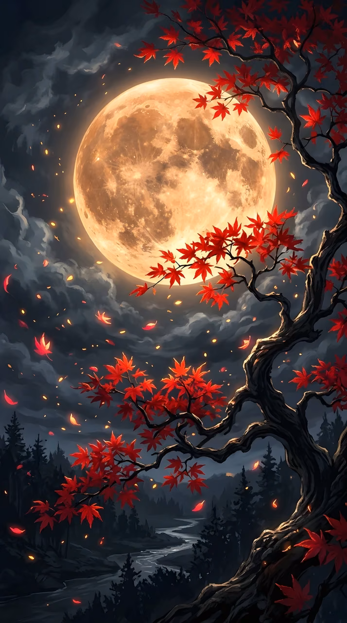 Golden Full Moon Behind Autumn Maple Leaves - Free Mobile AMOLED Wallpaper Background