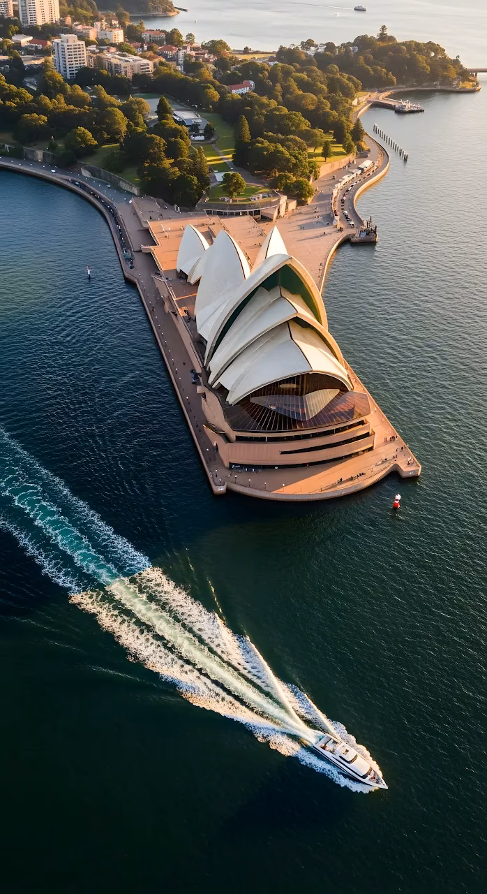 Golden Hour Aerial of Sydney Opera House and Harbor Boat - Free Mobile AMOLED Wallpaper Background