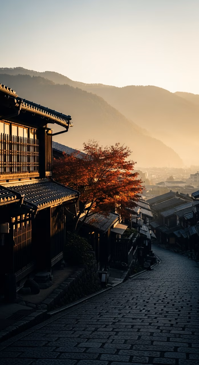 Download Golden Hour on Traditional Japanese Post Town Cobblestone Street with Red Maple Wallpaper in Mobile HD Golden Hour on Traditional Japanese Post Town Cobblestone Street with Red Maple - Free Mobile AMOLED Wallpaper Background