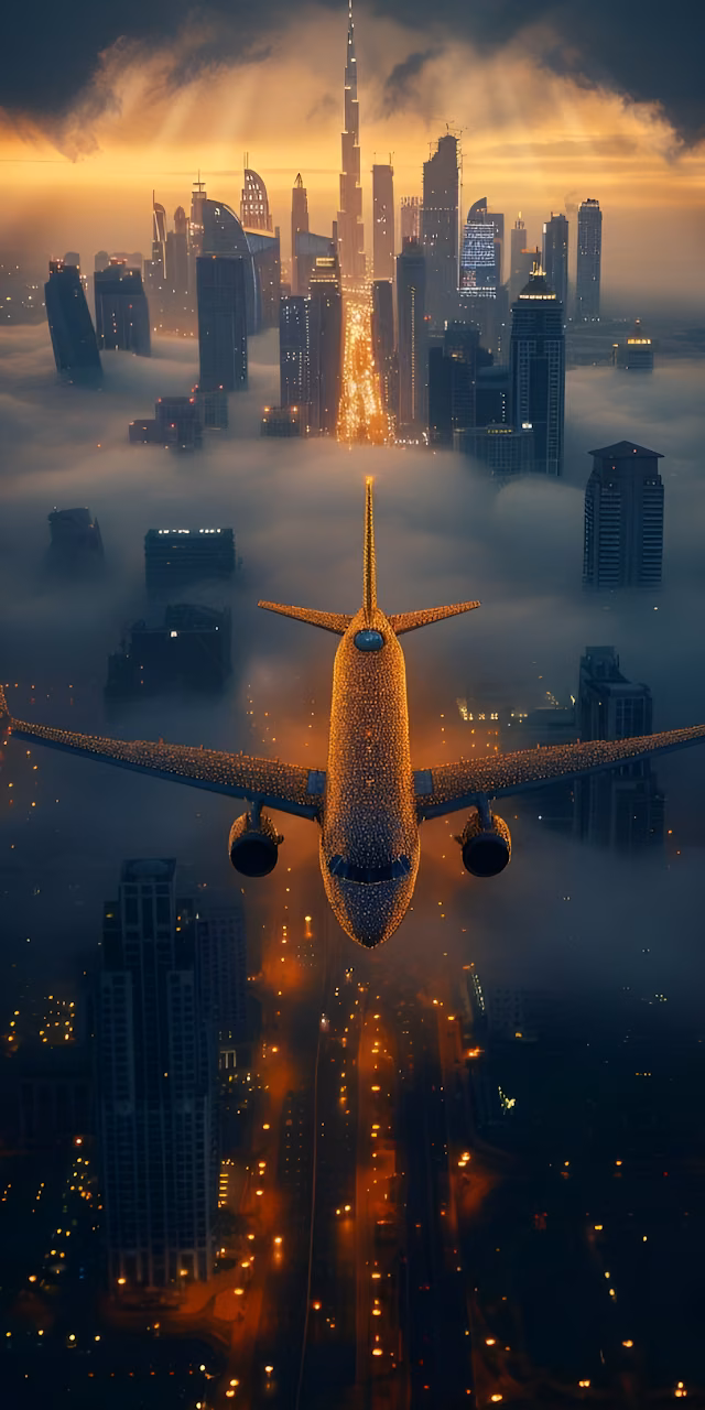 Golden Jet Flying Over Foggy Dubai Cityscape Sunset - Free Mobile AMOLED Wallpaper Background