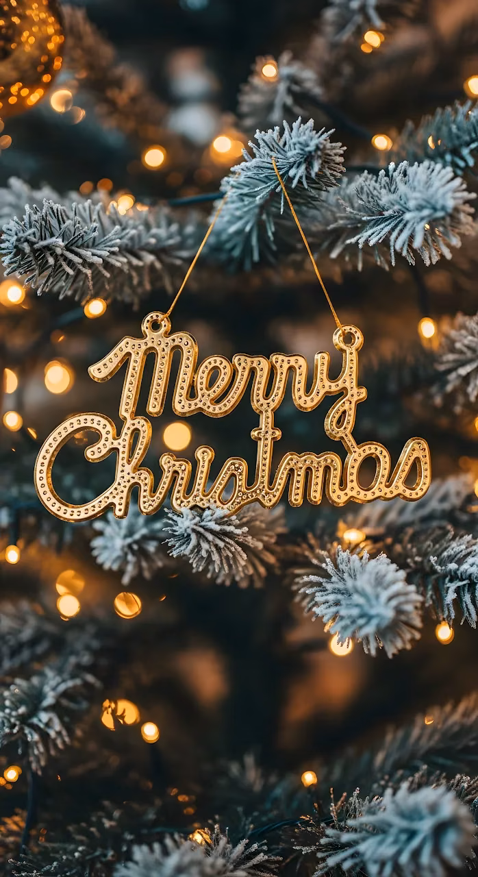 Download Golden Merry Christmas Ornament on Frosted Tree Wallpaper in Mobile HD Golden Merry Christmas Ornament on Frosted Tree - Free Mobile AMOLED Wallpaper Background