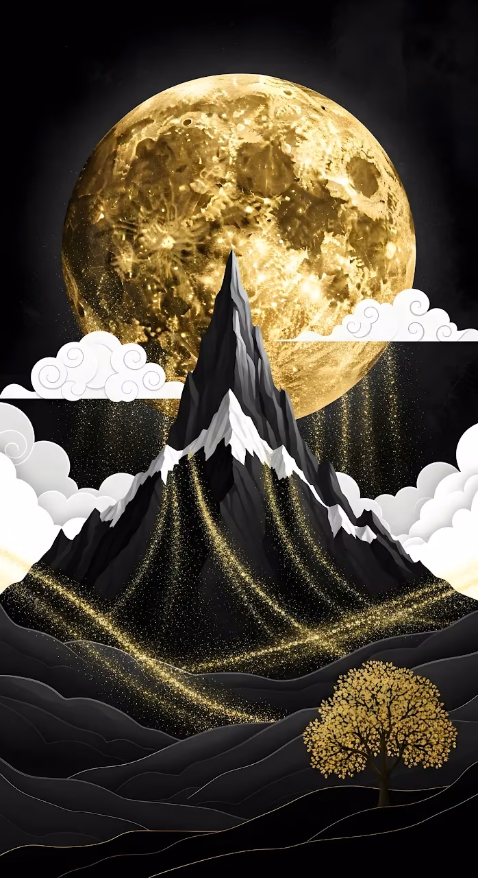 Golden Moon Over Black Mountain Landscape Illustration - Free Mobile AMOLED Wallpaper Background