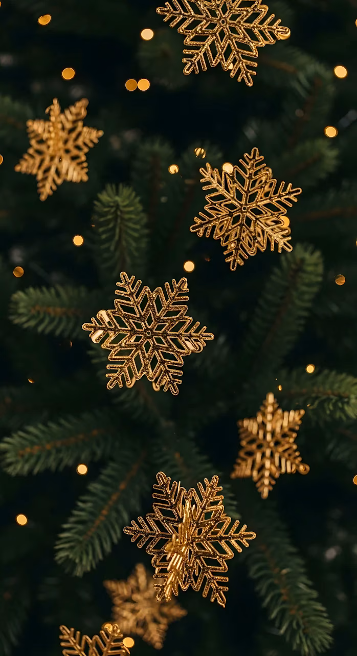 Download Golden Snowflake Ornaments Christmas Tree Bokeh Lights Wallpaper in Mobile HD Golden Snowflake Ornaments Christmas Tree Bokeh Lights - Free Mobile AMOLED Wallpaper Background