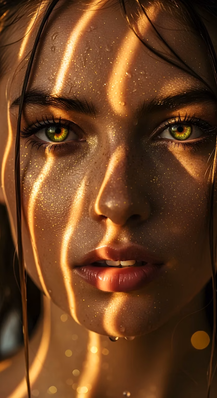 Golden Striped Light Portrait of Woman with Green Eyes - Free Mobile AMOLED Wallpaper Background