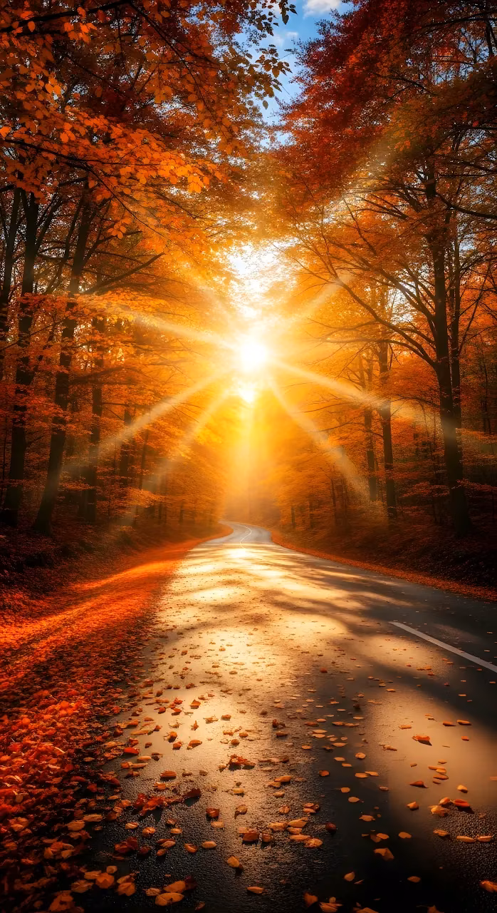 Golden Sunburst Over Autumn Forest Road Landscape - Free Mobile AMOLED Wallpaper Background