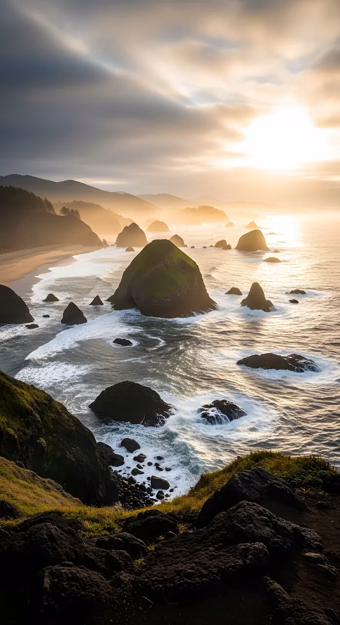 Golden Sunrise Over Rugged Coastal Sea Stacks - Free Mobile AMOLED Wallpaper Background