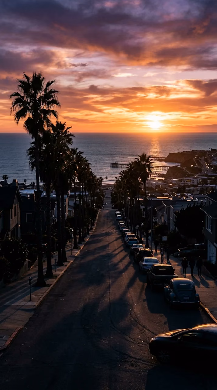 Golden Sunset Over California Coastal Street with Palm Trees - Free Mobile AMOLED Wallpaper Background