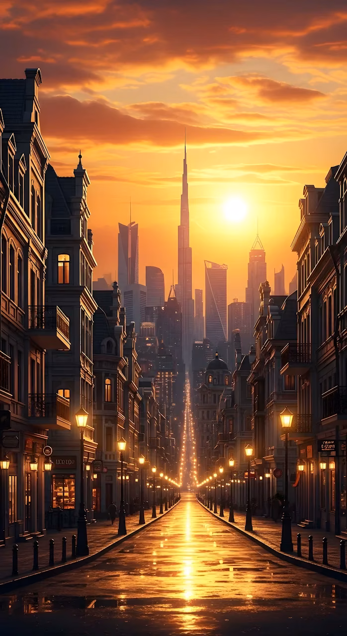 Golden Sunset Over Classic Street Leading to Dubai Skyline - Free Mobile AMOLED Wallpaper Background