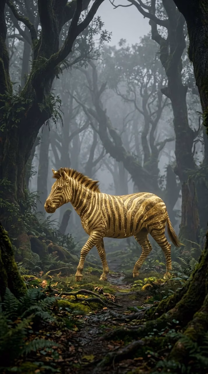Golden Zebra Walking Through a Misty Enchanted Forest - Free Mobile AMOLED Wallpaper Background