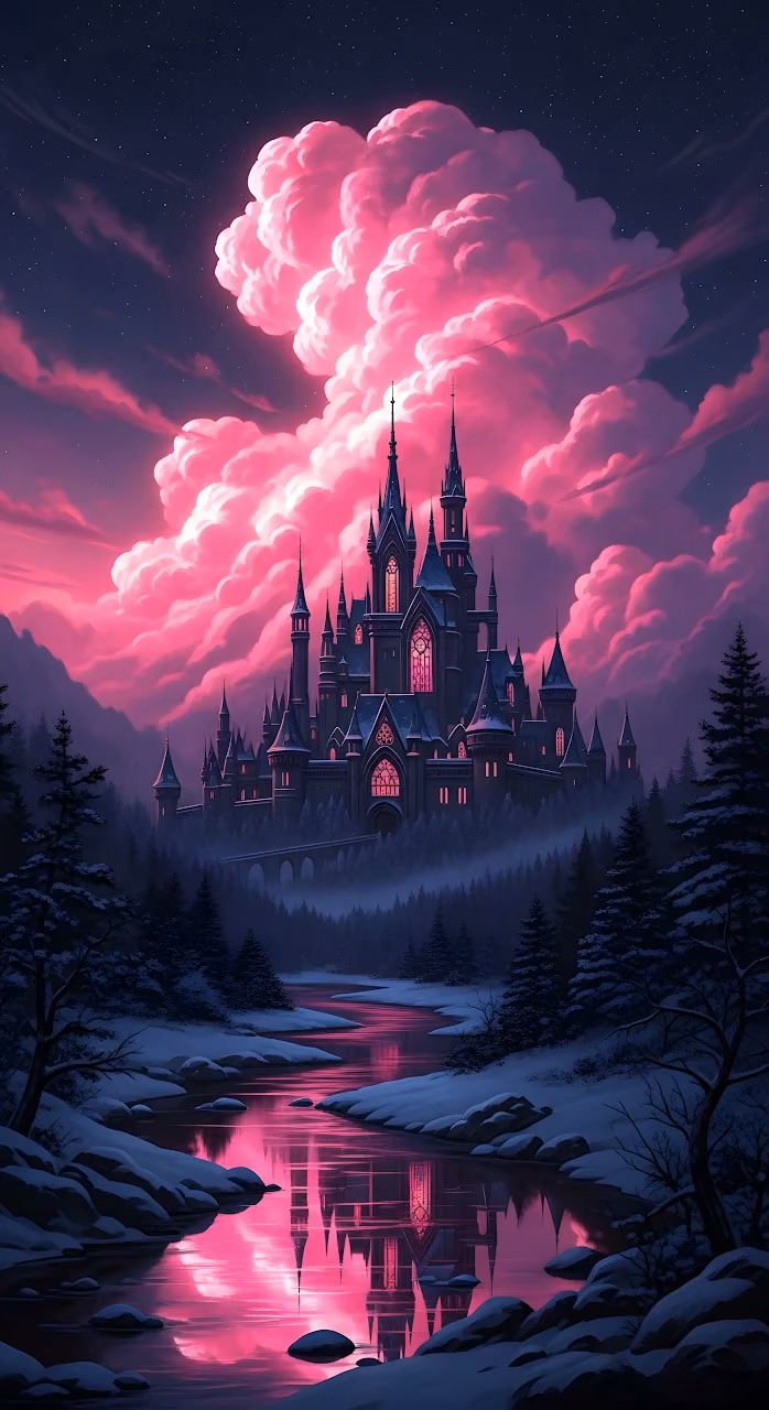 Download Gothic Castle Under Neon Pink Clouds and Winter River Wallpaper in Mobile HD Gothic Castle Under Neon Pink Clouds and Winter River - Free Mobile AMOLED Wallpaper Background