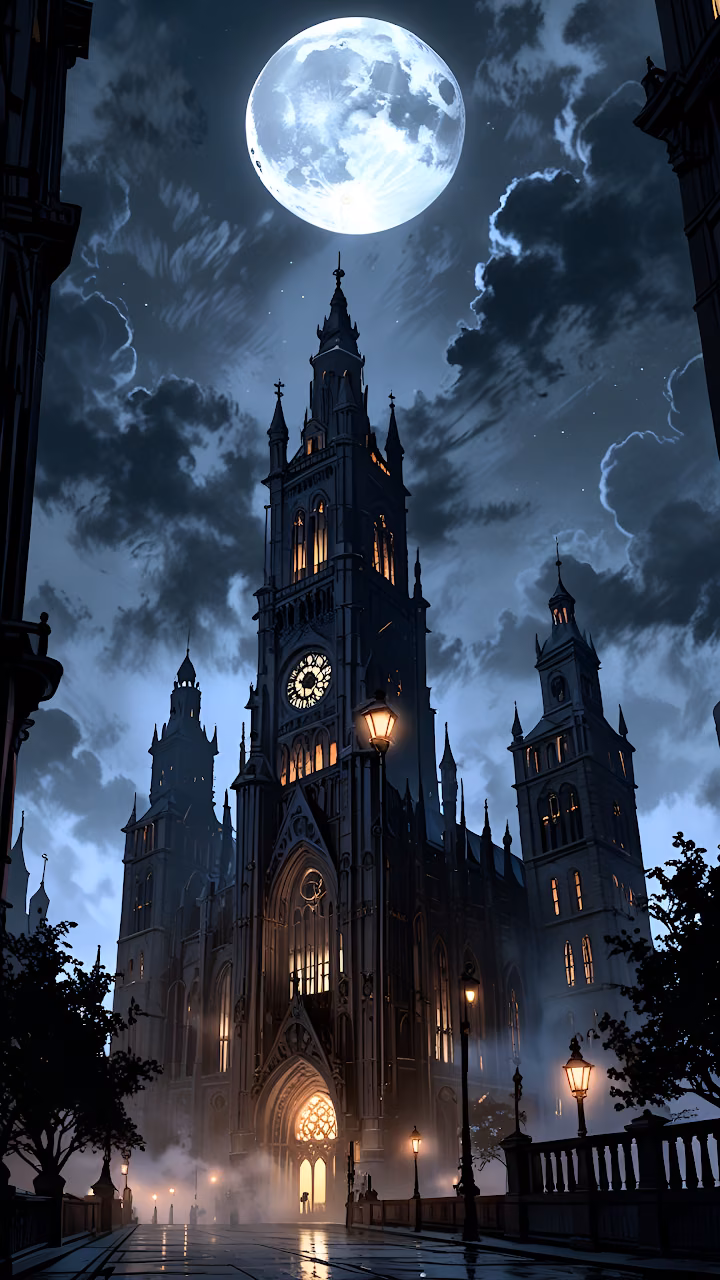 Gothic Cathedral Lit Under Full Moon at Night - Free Mobile AMOLED Wallpaper Background