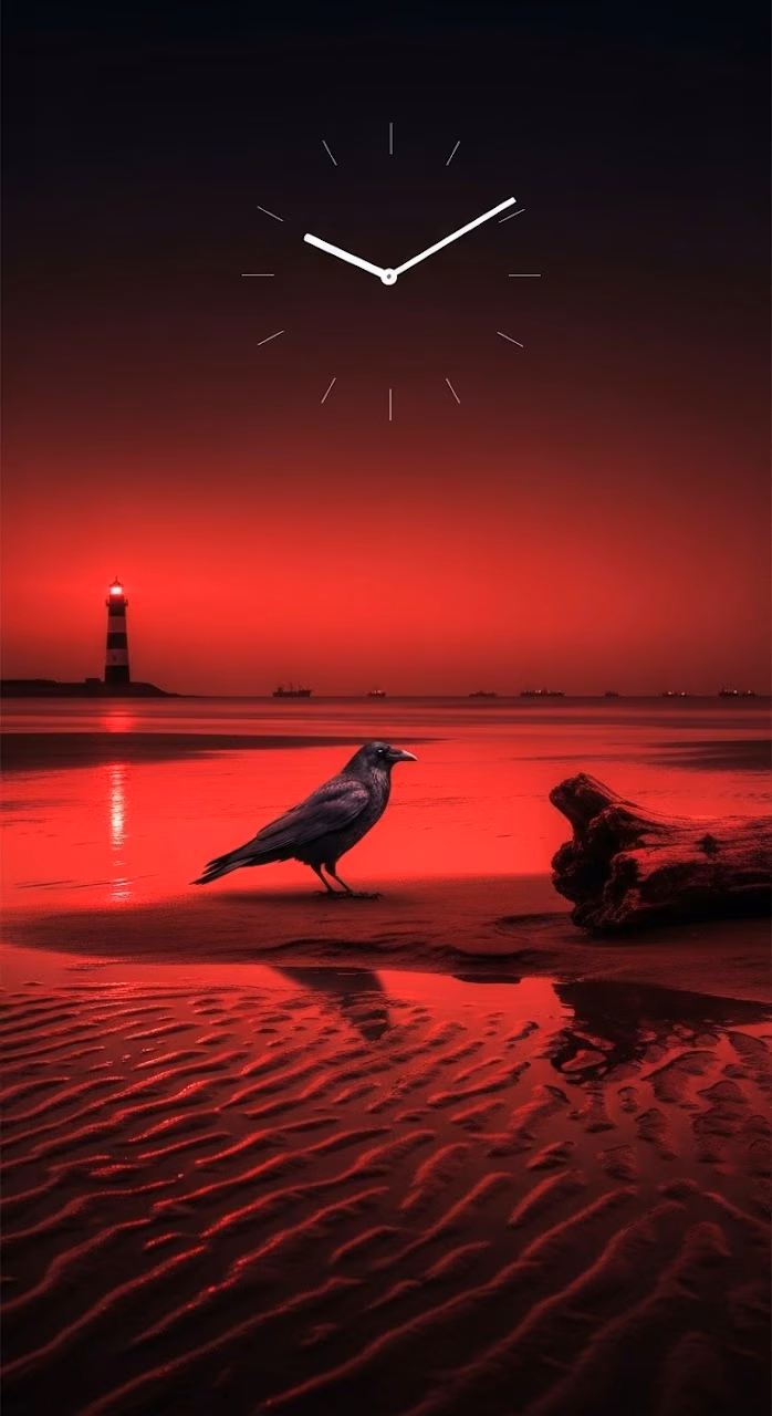 Gothic Crimson Midnight Beach with Solitary Crow - Free Mobile AMOLED Wallpaper Background
