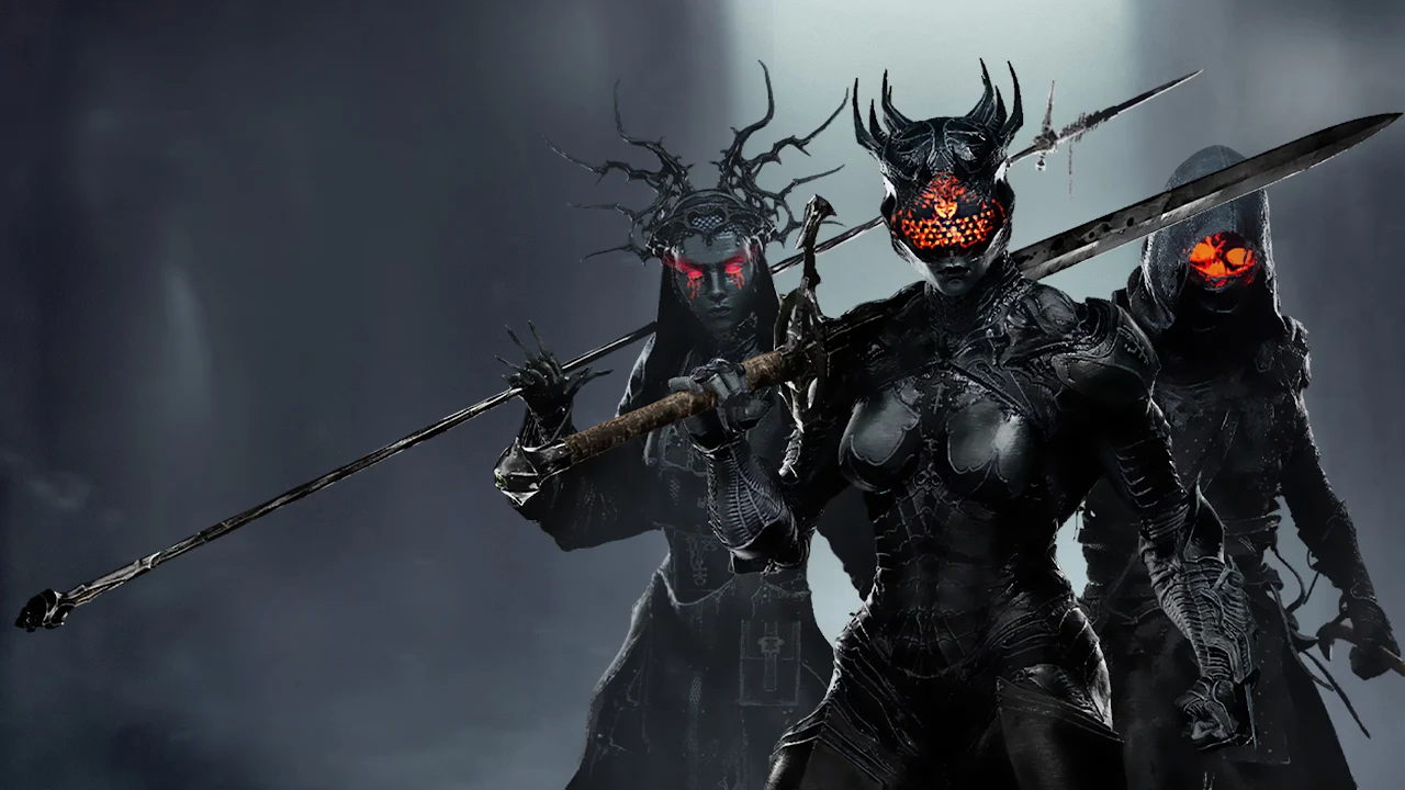 Download Gothic Dark Knights Spiked Armor 4K Wallpaper in 4K UHD Three female fantasy knights in spiked black armor with glowing red and orange visors holding large weapons.