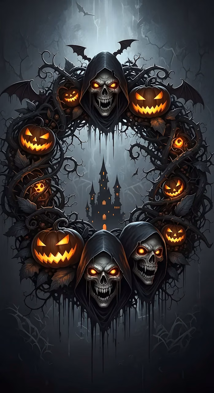 Gothic Halloween Wreath with Skulls and Pumpkins - Free Mobile AMOLED Wallpaper Background