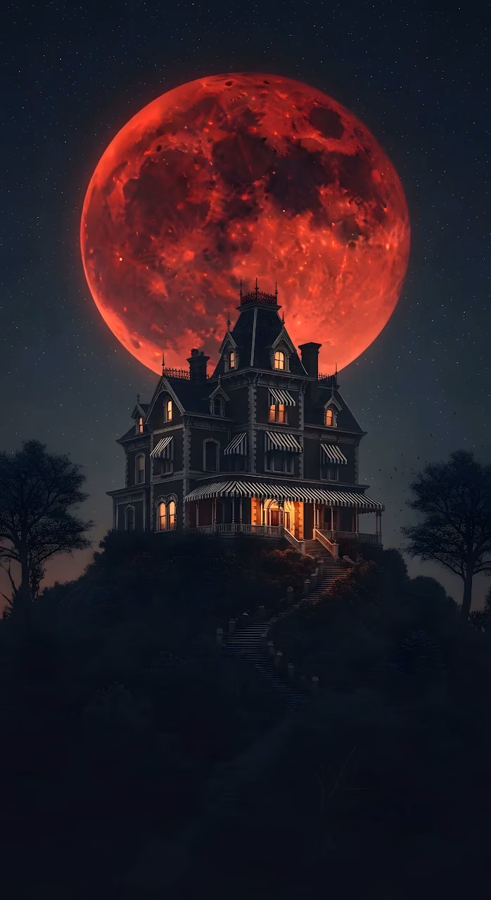 Gothic Haunted Mansion Blood Moon Night Scene - Free Mobile AMOLED Wallpaper Background