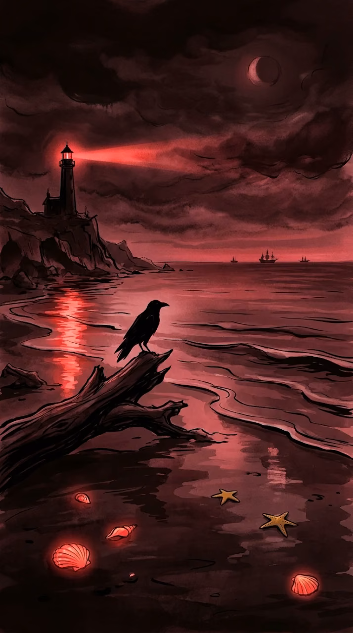 Download Gothic Minimalist Beach with Black Crow and Crimson Reflections Wallpaper in Mobile HD Gothic Minimalist Beach with Black Crow and Crimson Reflections - Free Mobile AMOLED Wallpaper Background