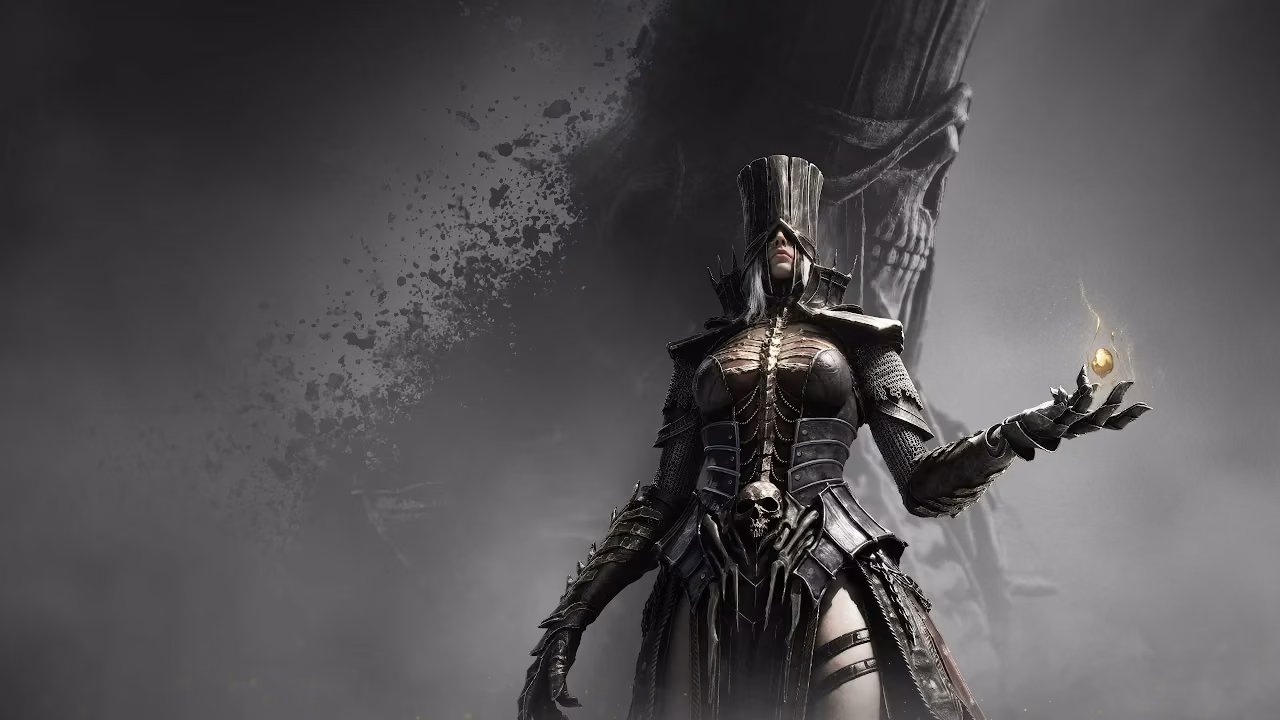 Download Dark Fantasy Necromancer Glowing Ember 4K Wallpaper in 4K UHD Gothic warrior woman in black spiked armor holding a glowing golden ember before a giant shadowy skull in fog.