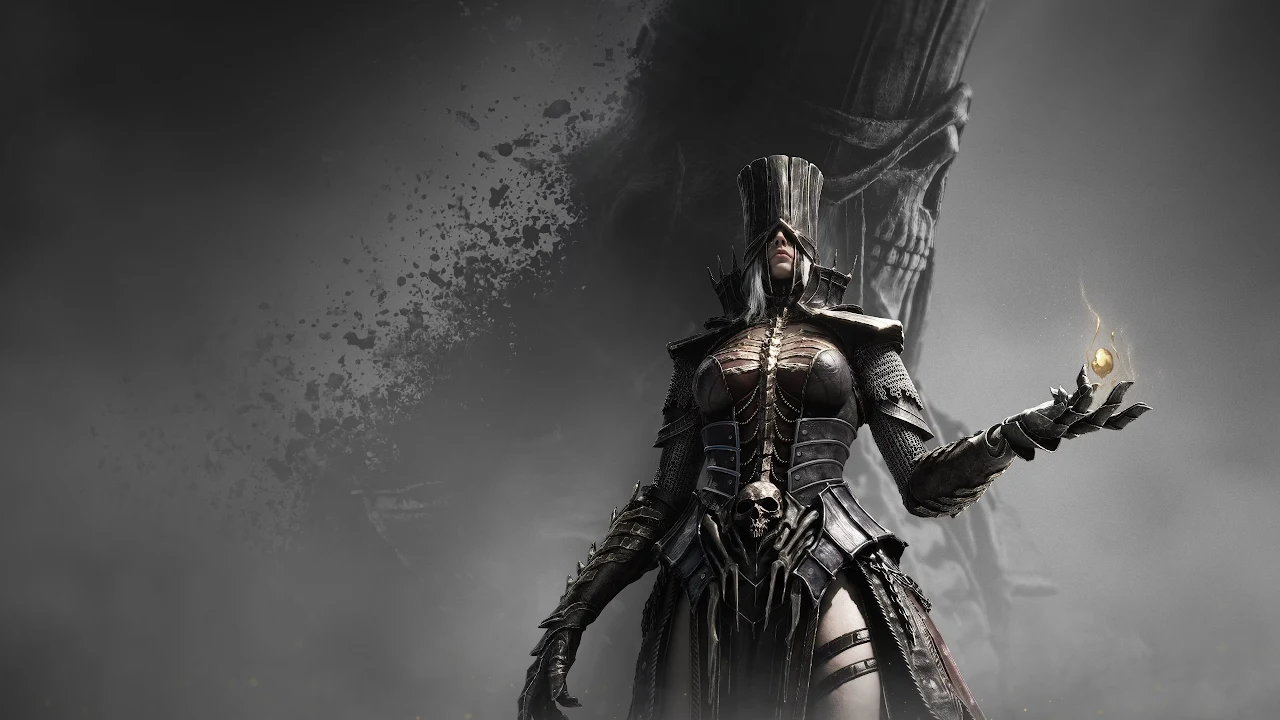 Download Dark Fantasy Necromancer Glowing Ember 4K Wallpaper in 4K UHD Gothic warrior woman in black spiked armor holding a glowing golden ember before a giant shadowy skull in fog.