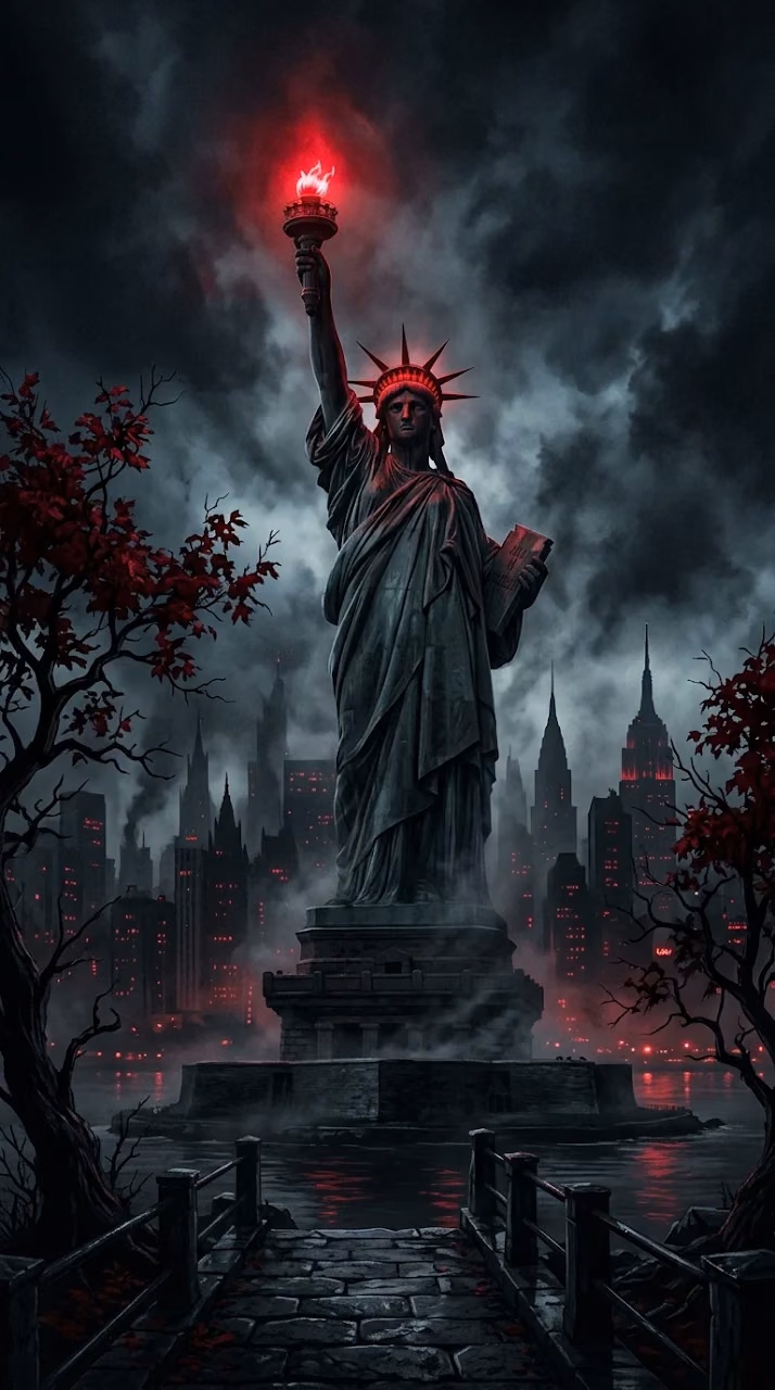 Download Gothic Noir Illustration of the Statue of Liberty in a Dark City Wallpaper in Mobile HD Gothic Noir Illustration of the Statue of Liberty in a Dark City - Free Mobile AMOLED Wallpaper Background
