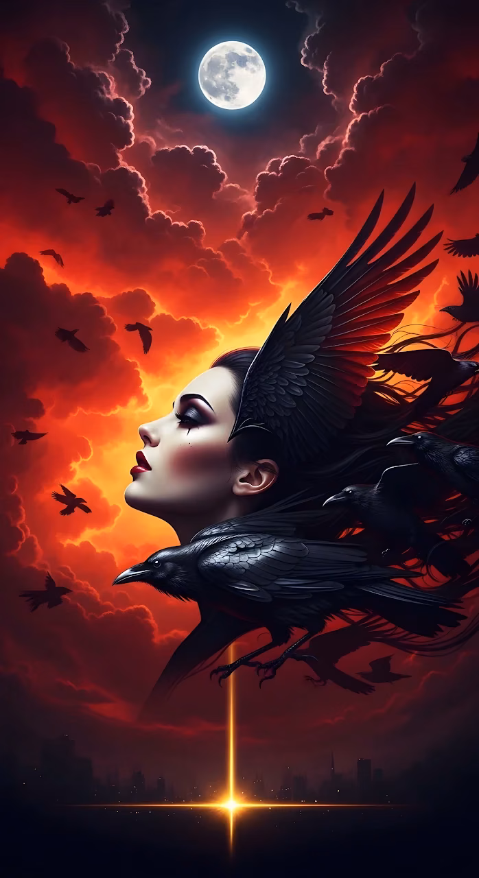 Download Gothic Raven Queen Under Blood Red Sky Full Moon Wallpaper in Mobile HD Gothic Raven Queen Under Blood Red Sky Full Moon - Free Mobile AMOLED Wallpaper Background