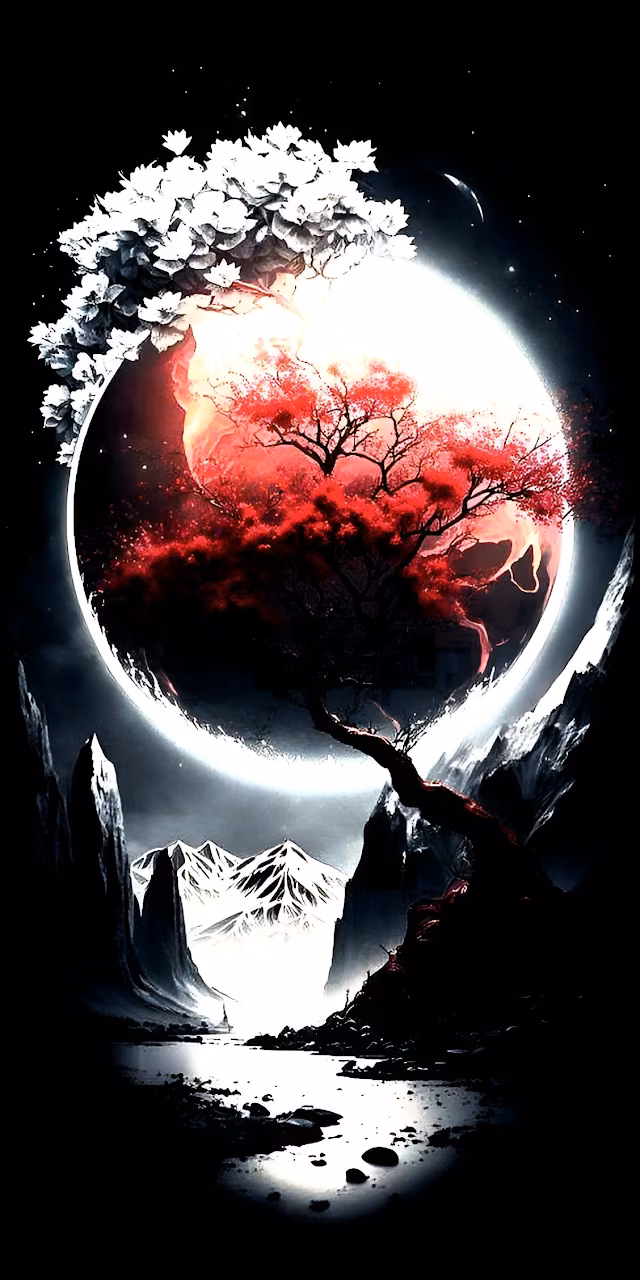 Download Gothic Red Moon Tree Silhouette Over Dark Mountain Valley Wallpaper in Mobile HD Gothic Red Moon Tree Silhouette Over Dark Mountain Valley - Free Mobile AMOLED Wallpaper Background