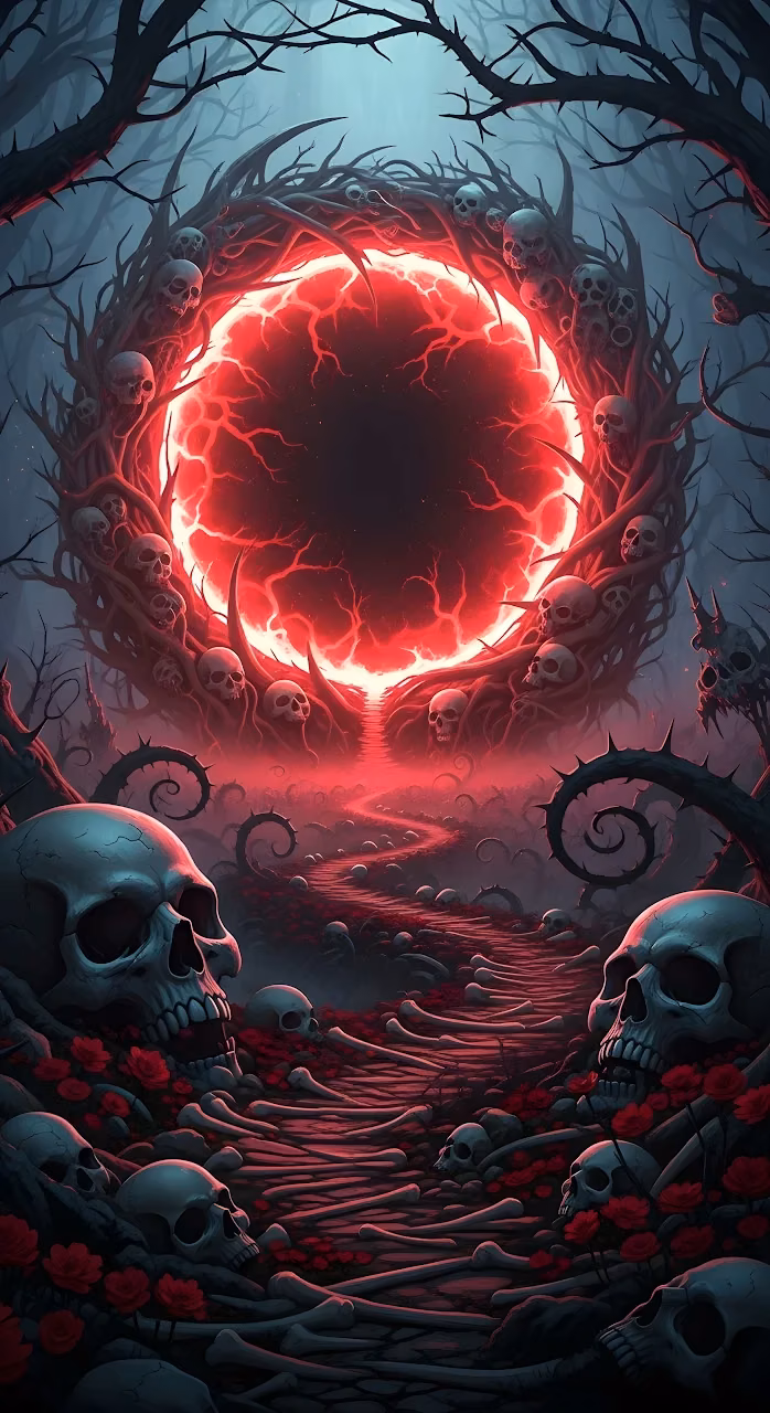 Gothic Skull Path Leading to Ominous Red Energy Portal - Free Mobile AMOLED Wallpaper Background