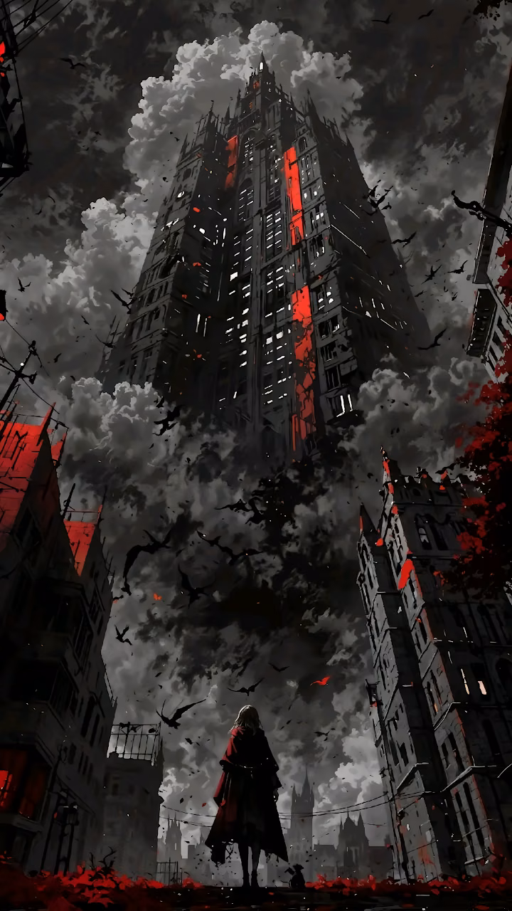 Gothic Skyscraper Cityscape Red and Black Vampire Art - Free Mobile AMOLED Wallpaper Background