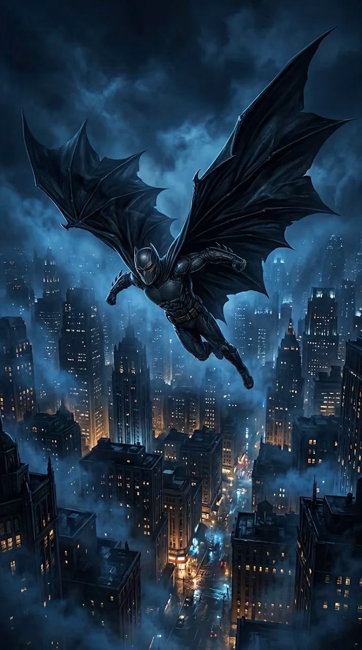 Gothic Superhero Gliding Above a Foggy Futuristic Cityscape - Free Mobile AMOLED Wallpaper Background