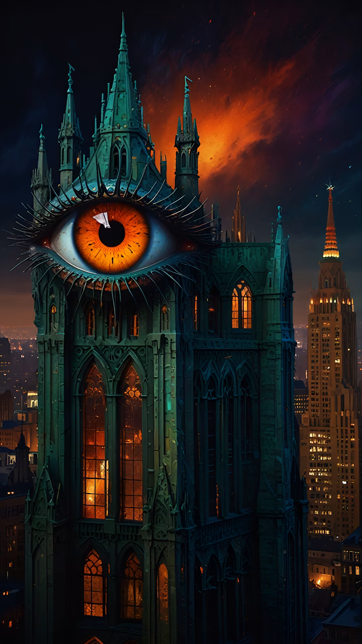 Gothic Tower with Giant Eye, Surreal Cityscape Art - Free Mobile AMOLED Wallpaper Background