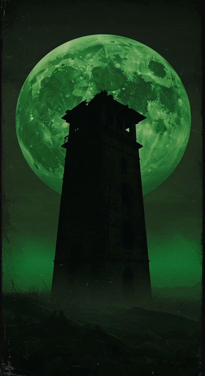 Gothic Tower Silhouette Against Giant Eerie Green Full Moon - Free 4K Desktop Wallpaper Background