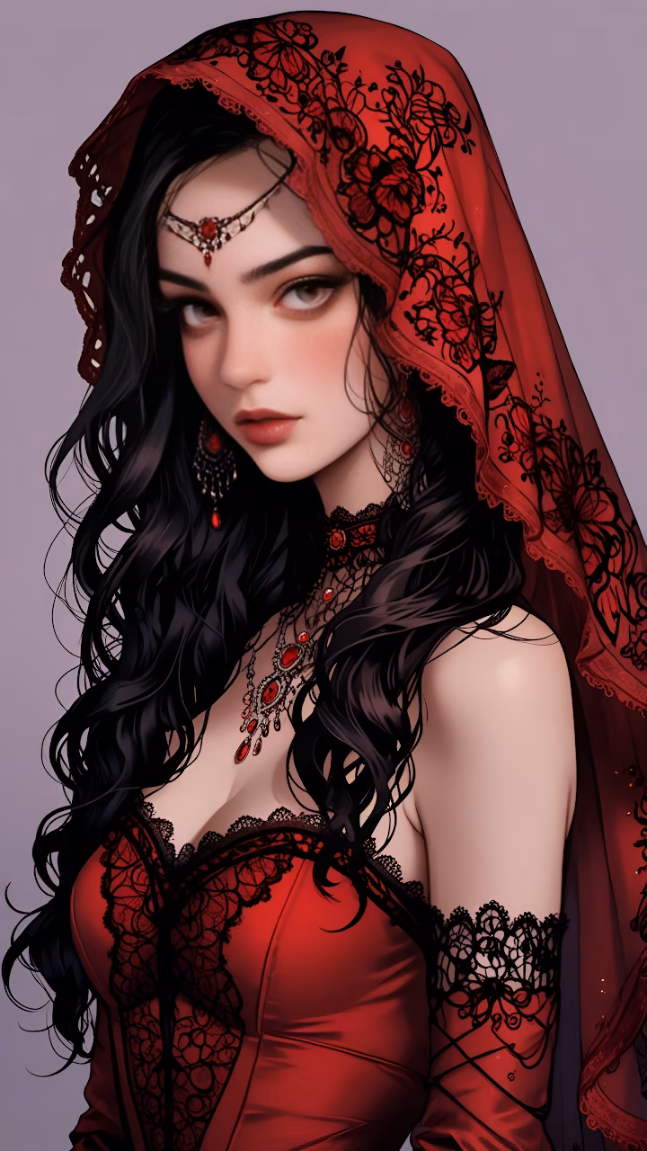 Gothic Vampire Queen Red Lace Veil Fantasy Portrait - Free Mobile AMOLED Wallpaper Background