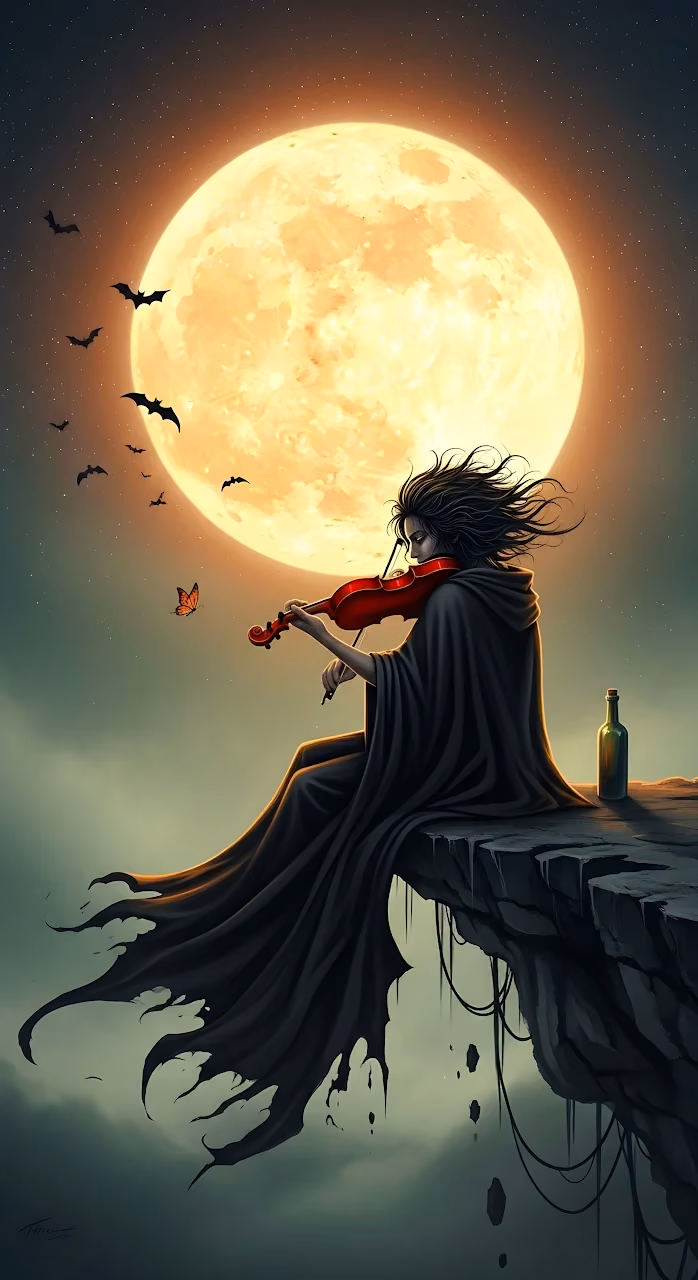 Download Gothic Violinist Playing Under Giant Orange Moon Wallpaper in Mobile HD Gothic Violinist Playing Under Giant Orange Moon - Free Mobile AMOLED Wallpaper Background