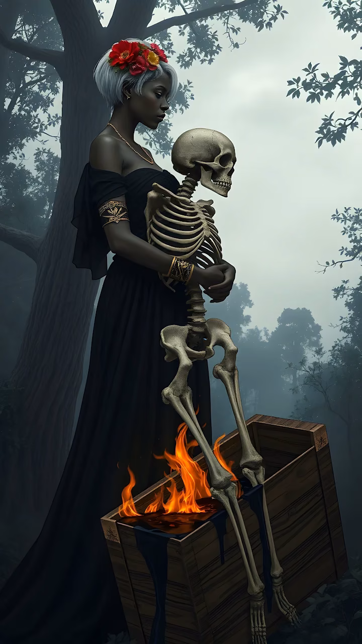 Download Gothic Woman Holding Skeleton in Misty Dark Forest Scene Wallpaper in Mobile HD Gothic Woman Holding Skeleton in Misty Dark Forest Scene - Free Mobile AMOLED Wallpaper Background