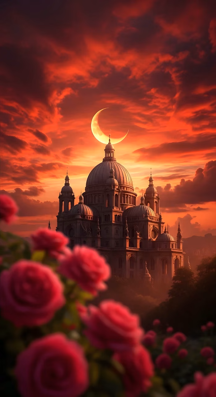 Grand Cathedral Silhouette under Fiery Red Sunset and Crescent Moon - Free Mobile AMOLED Wallpaper Background
