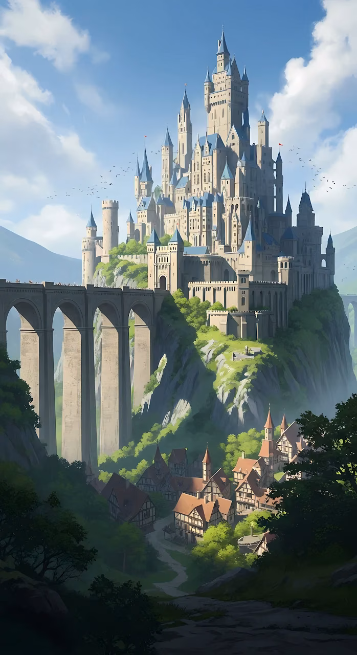 Download Grand Medieval Castle on Cliff Above a Forest Village Wallpaper in Mobile HD Grand Medieval Castle on Cliff Above a Forest Village - Free Mobile AMOLED Wallpaper Background
