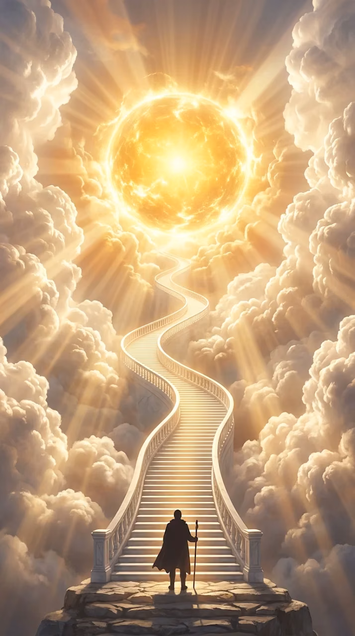 Download Grand Stairway Leading to Glowing Golden Celestial Portal Wallpaper in Mobile HD Grand Stairway Leading to Glowing Golden Celestial Portal - Free Mobile AMOLED Wallpaper Background