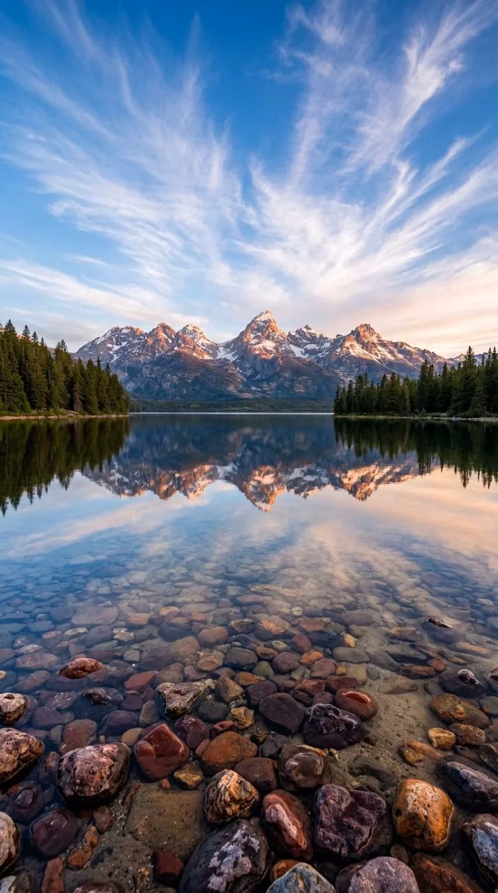 Grand Teton Mountains with Snowy Peaks reflecting in Rocky Clear Lake - Free Mobile AMOLED Wallpaper Background