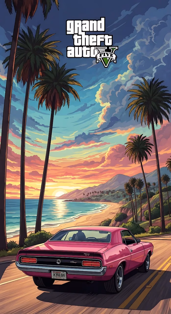 Download Grand Theft Auto V Pink Muscle Car Sunset Beach Drive Art Wallpaper in Mobile HD Grand Theft Auto V Pink Muscle Car Sunset Beach Drive Art - Free Mobile AMOLED Wallpaper Background