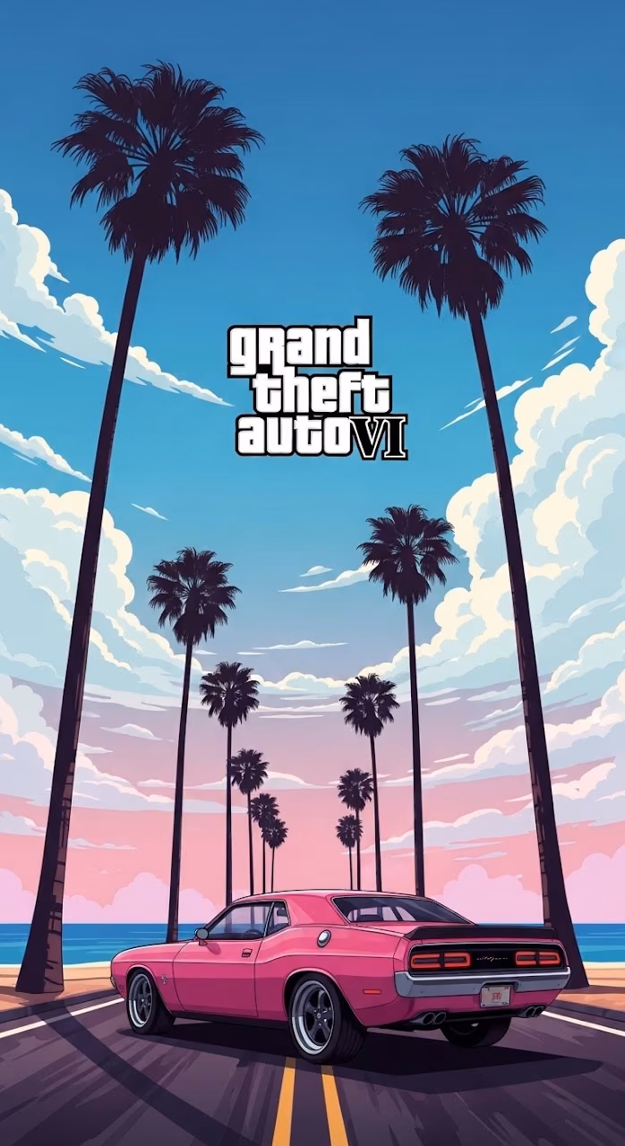 Grand Theft Auto VI Inspired Retro Sunset with Pink Muscle Car - Free Mobile AMOLED Wallpaper Background