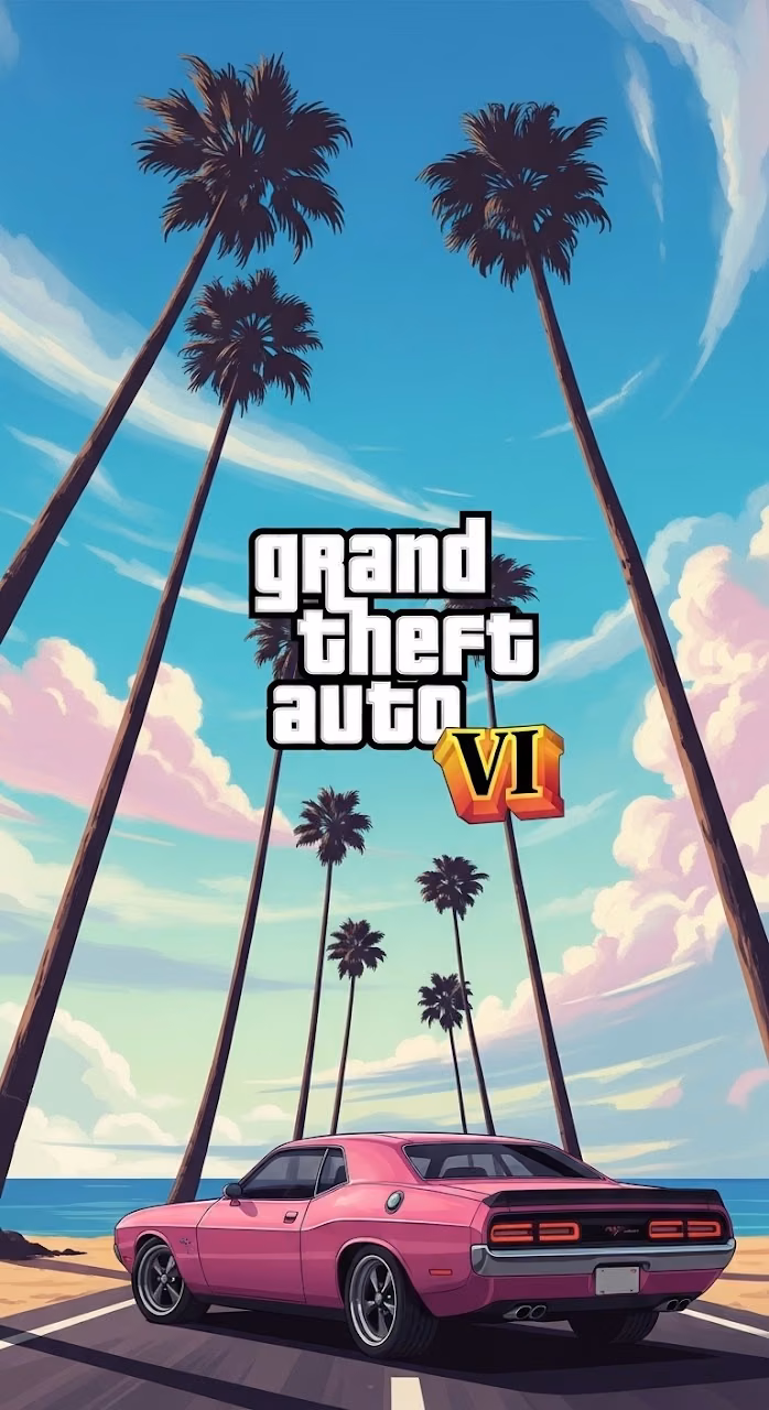 Grand Theft Auto VI Inspired Retro Sunset with Pink Muscle Car - Free Mobile AMOLED Wallpaper Background