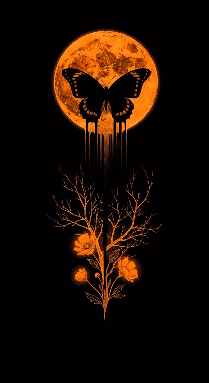 Graphic Illustration of a Butterfly Silhouette Over an Orange Dripping Moon and Branches - Free Mobile AMOLED Wallpaper Background